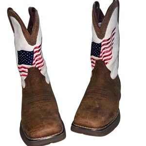 Durango Brown & White Kids Cowboy Boots with Flag Embroidery